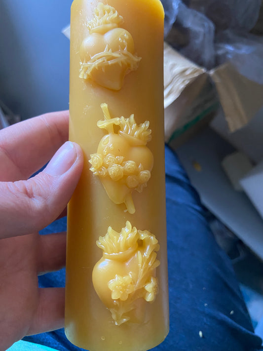 100% Beeswax Sacred Hearts Pillar (50 hr burn time) 6”x2”
