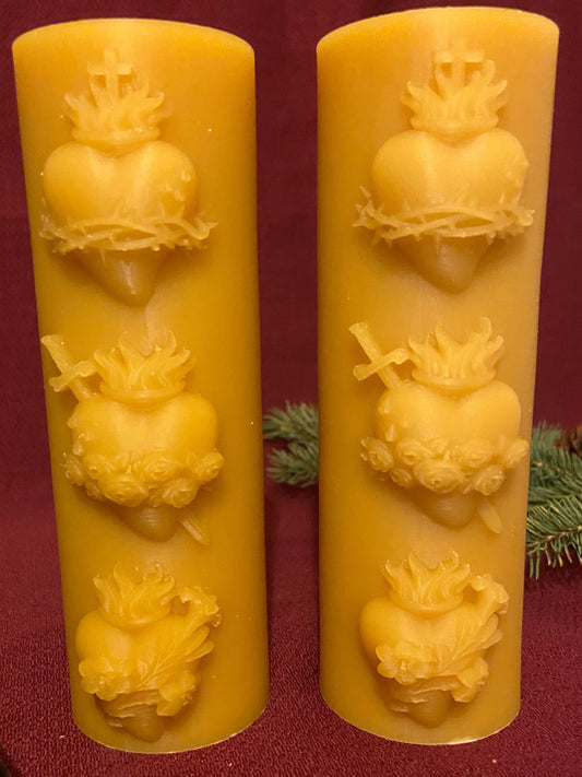 100% Beeswax Sacred Hearts Pillar (50 hr burn time) 6”x2”