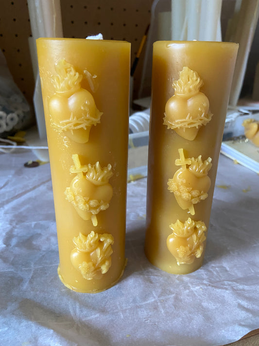 100% Beeswax Sacred Hearts Pillar (50 hr burn time) 6”x2”