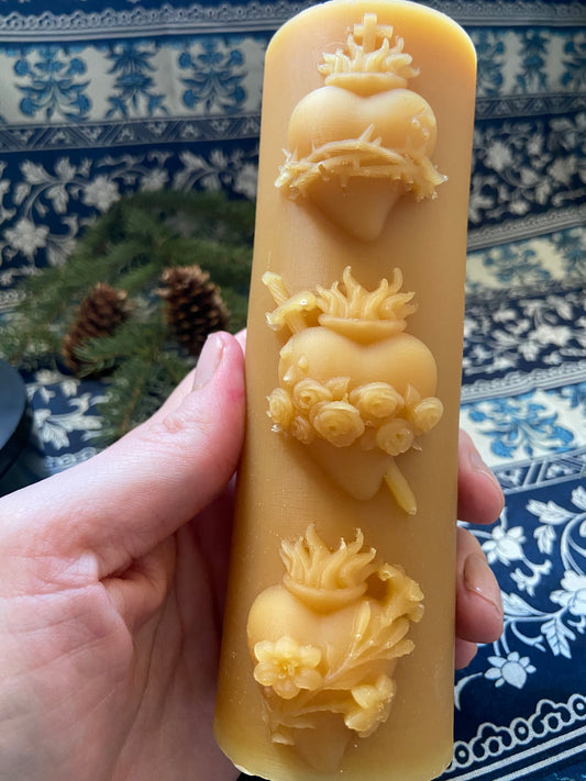 100% Beeswax Sacred Hearts Pillar (50 hr burn time) 6”x2”