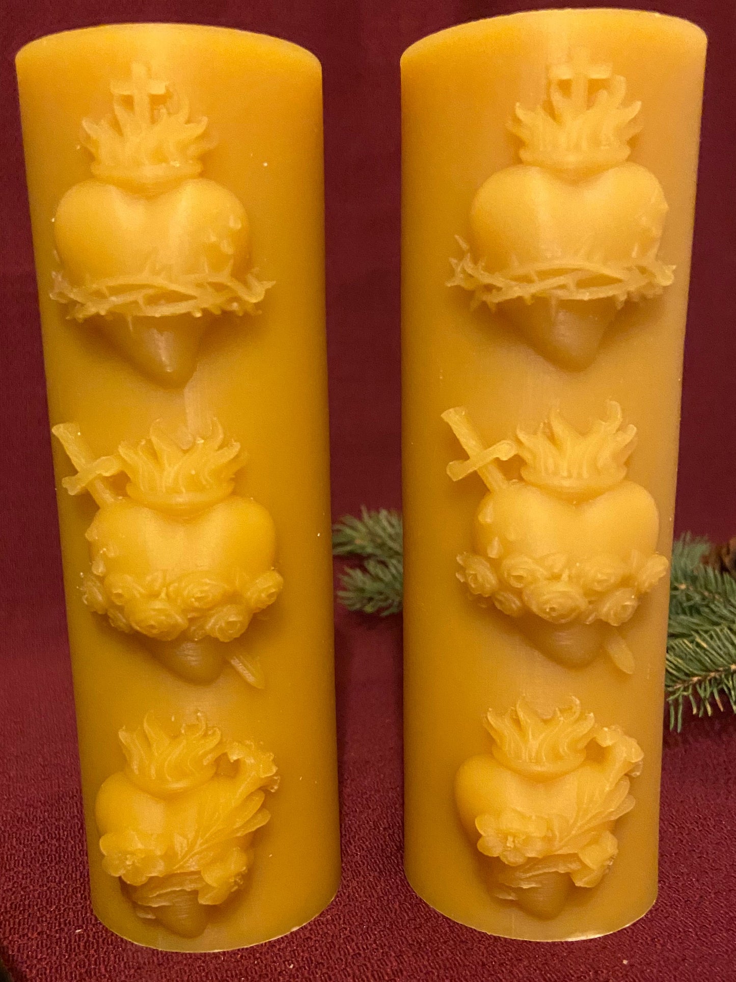 100% Beeswax Sacred Hearts Pillar (50 hr burn time) 6”x2”